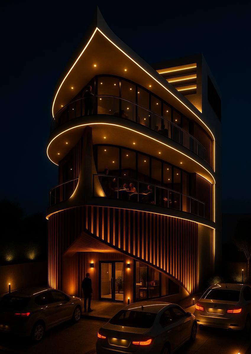 A curved multi-storey building at night, continuous warm light tracing every balcony edge and grazing down the timber fins below