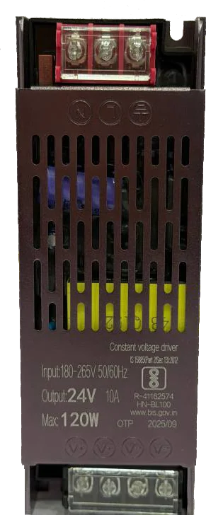 A slim aluminium-cased constant-voltage LED driver with screw terminal blocks at both ends and a ventilated body