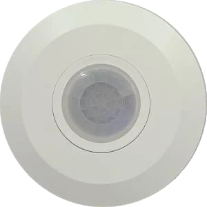 A circular white ceiling-mounted motion sensor with a faceted infrared lens at its centre