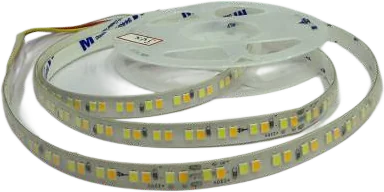 A coil of coated mains-voltage LED tape, its double row of chips visible through the clear jacket