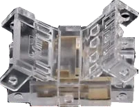 A clear plastic solderless LED tape connector with its sprung contact clips visible inside the housing
