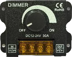 A black rotary LED dimmer marked OFF to ON, with brass screw terminals along its lower edge