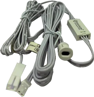 A grey twin-cable wardrobe sensor harness with an inline module and a small cylindrical door probe