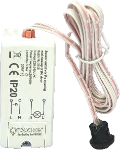 A small white sensor module marked IP20 with a twin flex tail ending in a cylindrical door probe